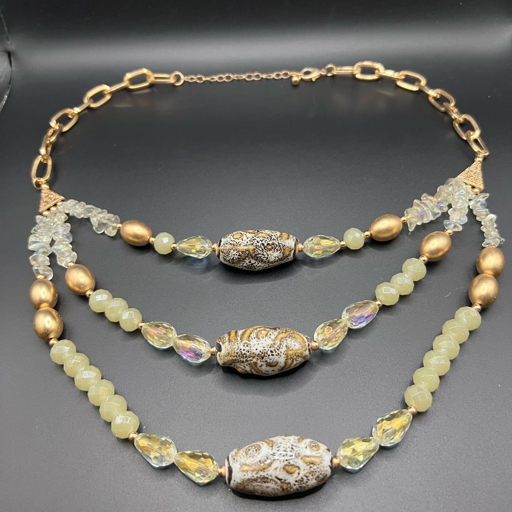 Three-Layered Stone Embellished and Pale Green Beaded Necklace